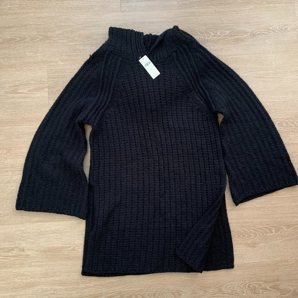 Moth Bell Sleeve Wool Blend Knit Hooded Tunic Sweater Women Size XS Black NEW